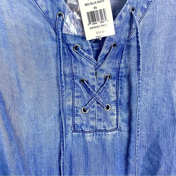 NWT Saks Fifth Avenue Chambray Lace Up Peasant Style Blouse Blue Women's Size XS - Picture 4 of 10